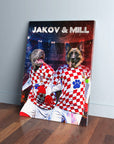 Personalized "Croatia Doggos" canvas featuring two pets in red and white checkered soccer jerseys.