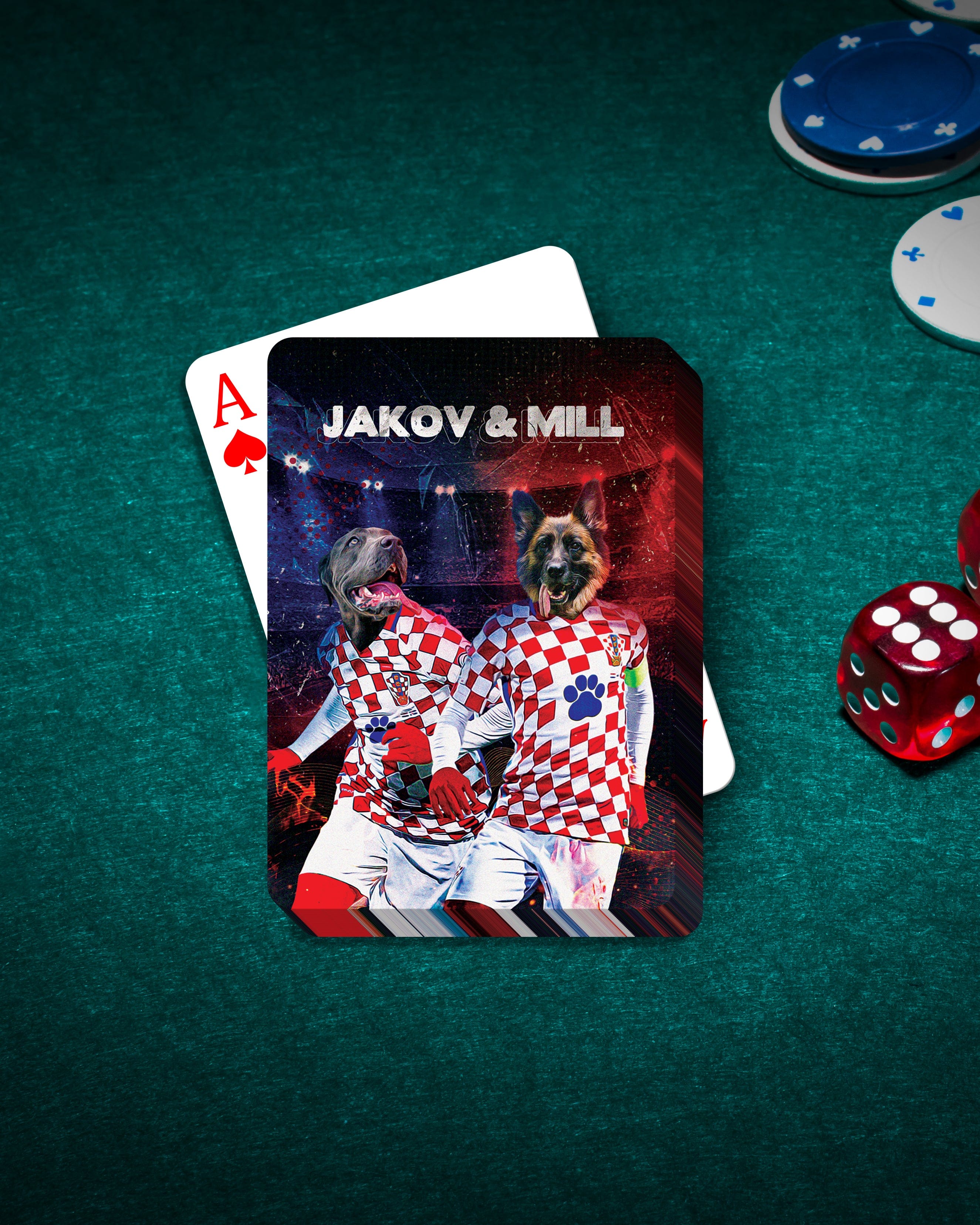 Personalized playing cards featuring two dogs in Croatia soccer jerseys on a green poker table with chips and dice.