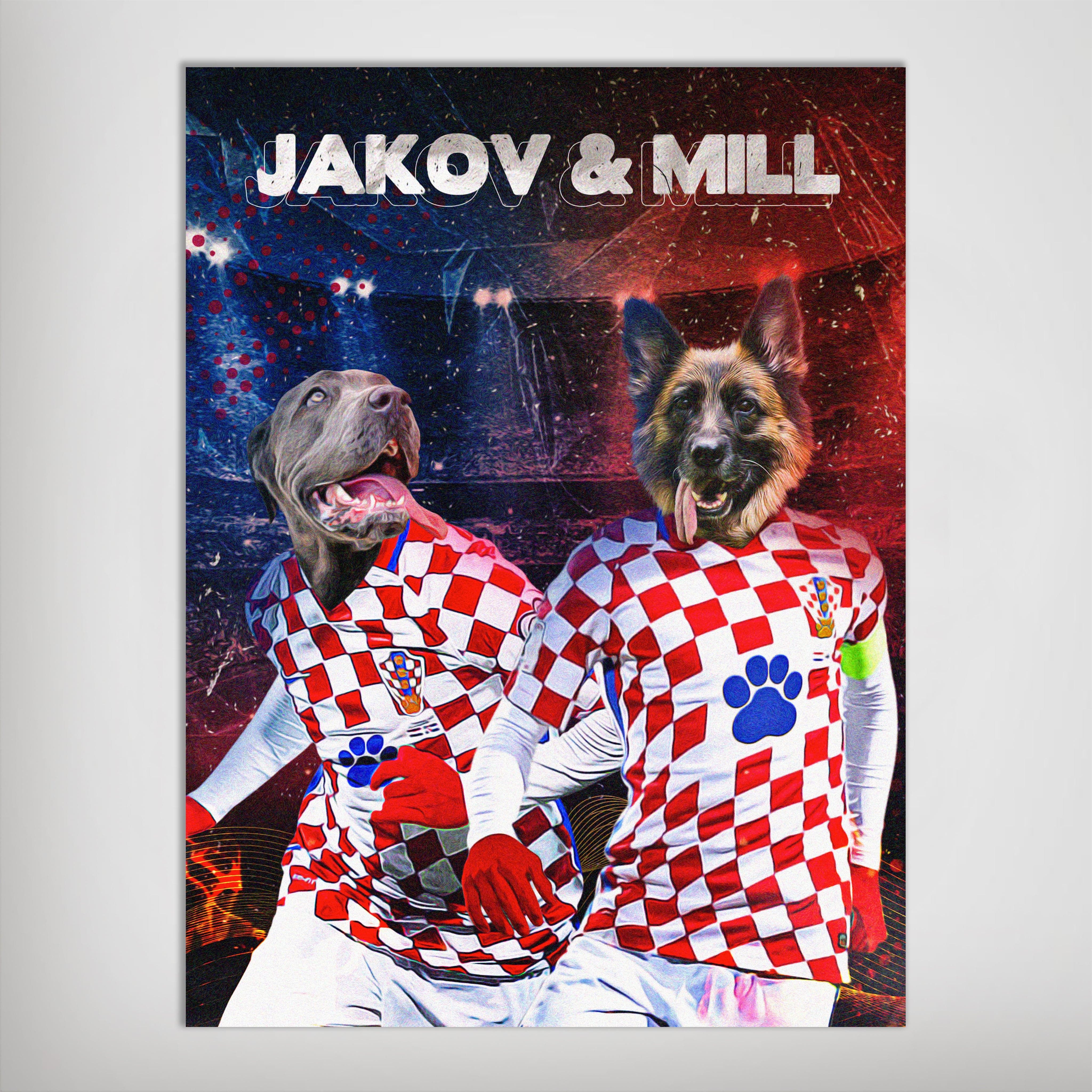 Personalized Croatia Doggos poster featuring two pets in red and white checkered soccer jerseys.