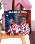 Personalized Croatia Doggos tote bag featuring two custom pet portraits in soccer jerseys.