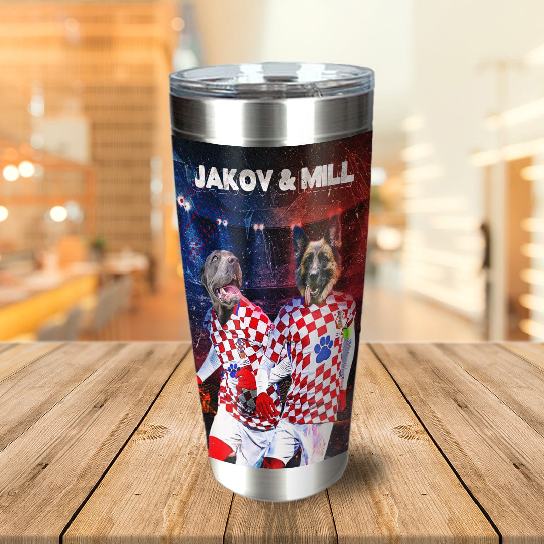 Personalized stainless steel tumbler with two dogs in Croatia soccer jerseys.