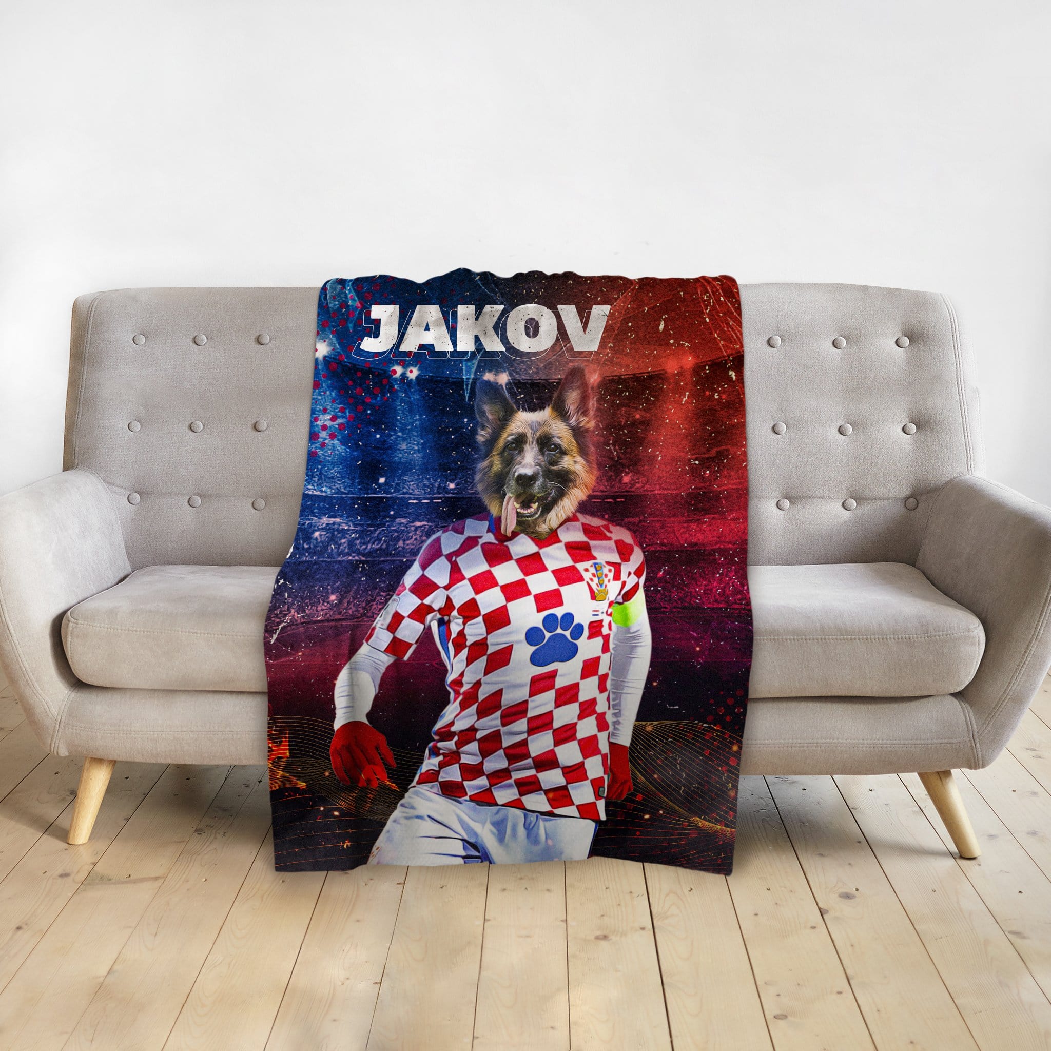 Personalized pet blanket with a German Shepherd in a Croatian soccer uniform, red and blue background, and "JAKOV" text.