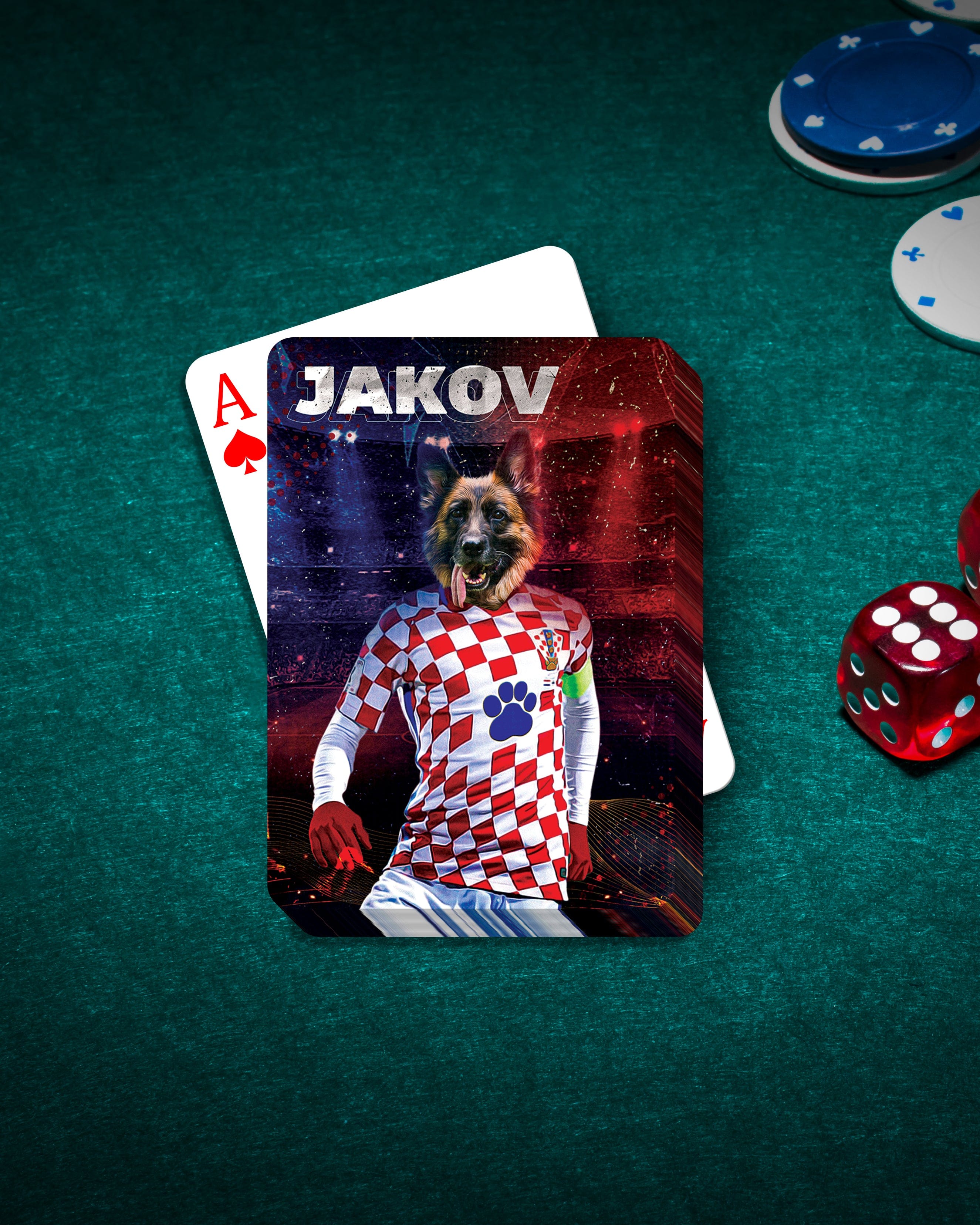 Personalized Croatia Doggos Soccer playing card featuring a German Shepherd pet portrait.