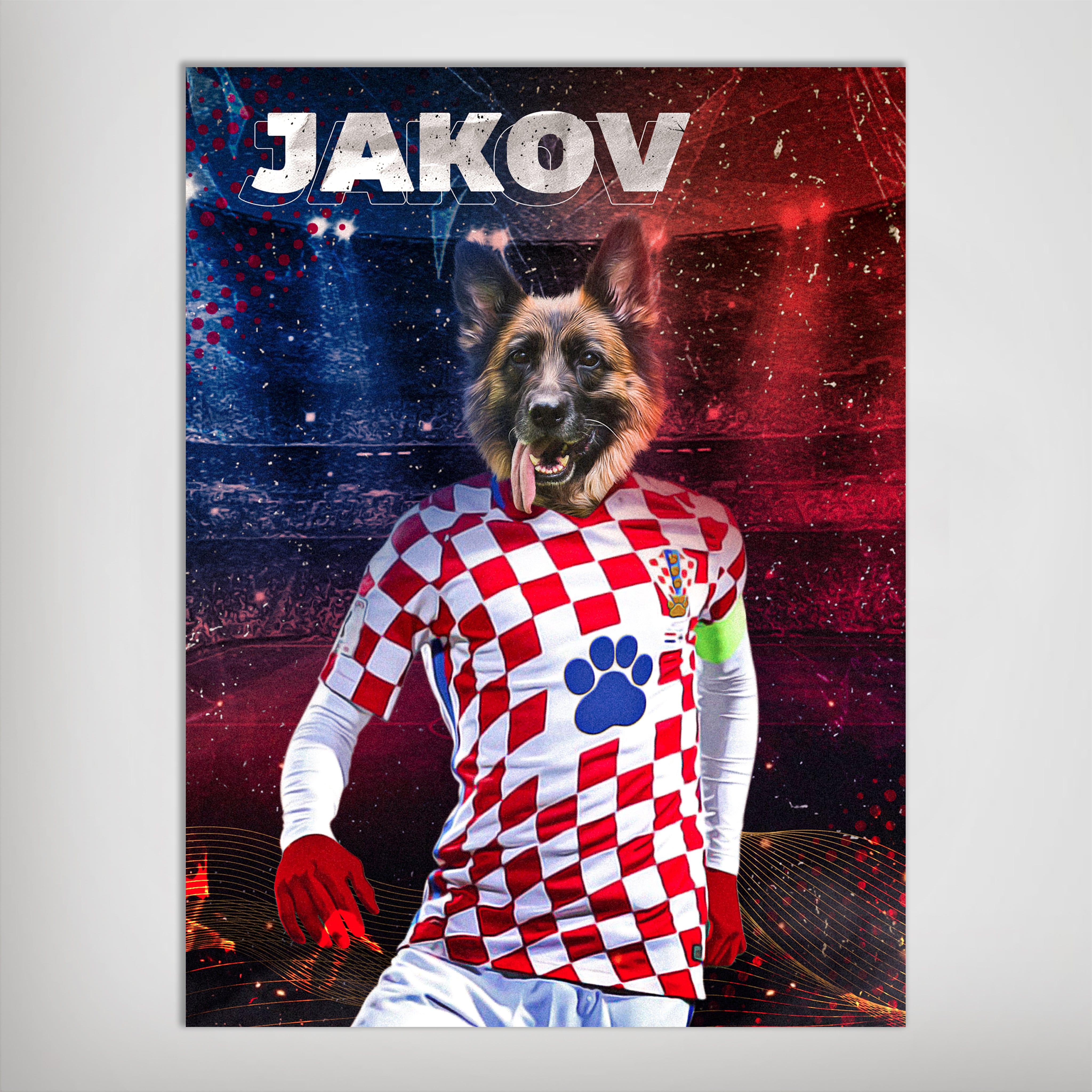 Personalized 'Croatia Doggos Soccer' poster featuring a German Shepherd in a red and white checkered jersey.