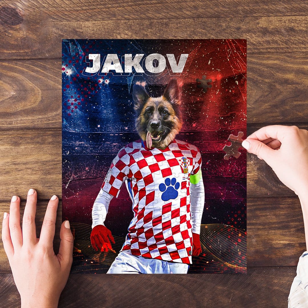 Personalized Croatia Doggos Soccer pet puzzle featuring a German Shepherd in a custom jersey.