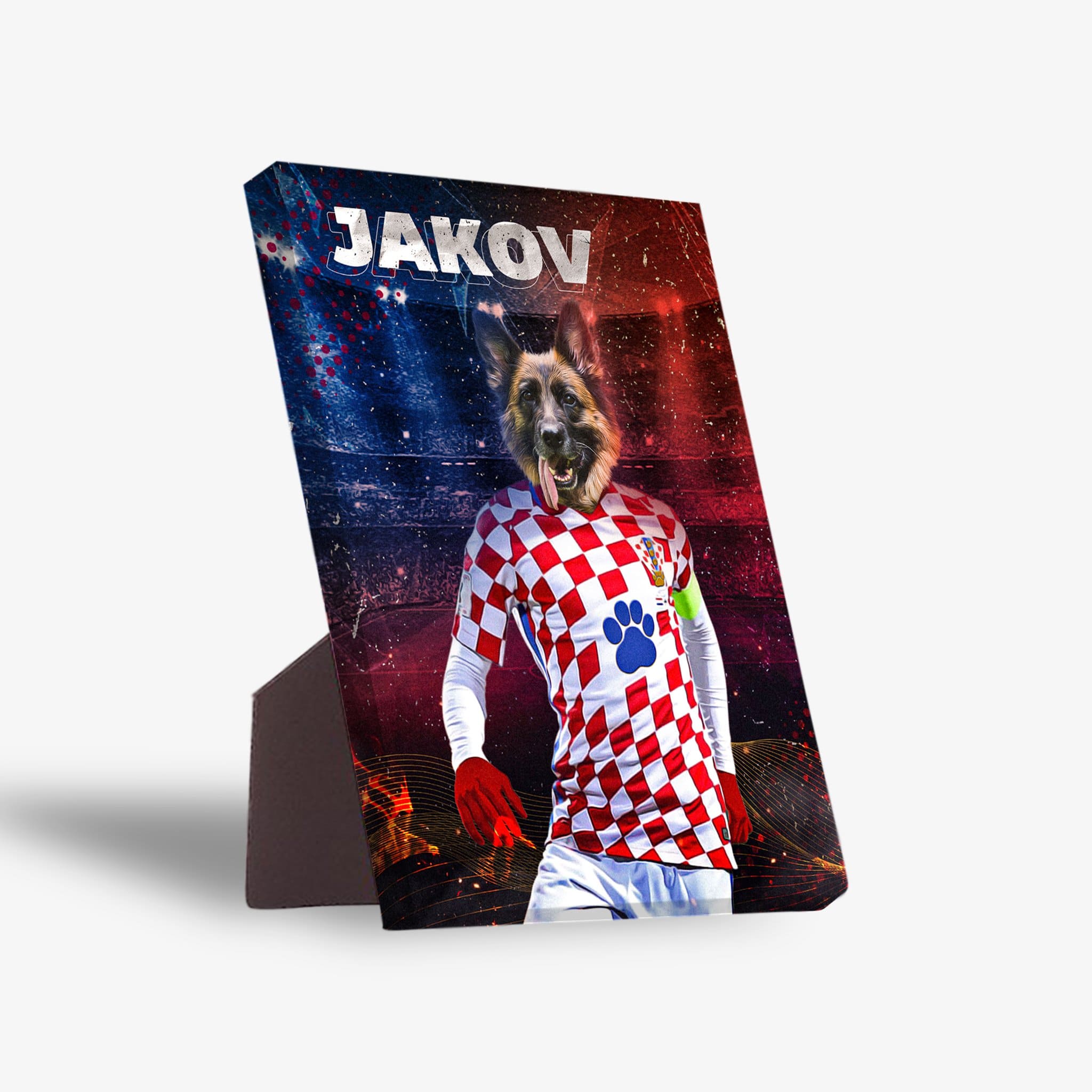 Personalized pet standing canvas featuring a dog in a red and white checkered Croatia soccer jersey with "JAKOV" above.