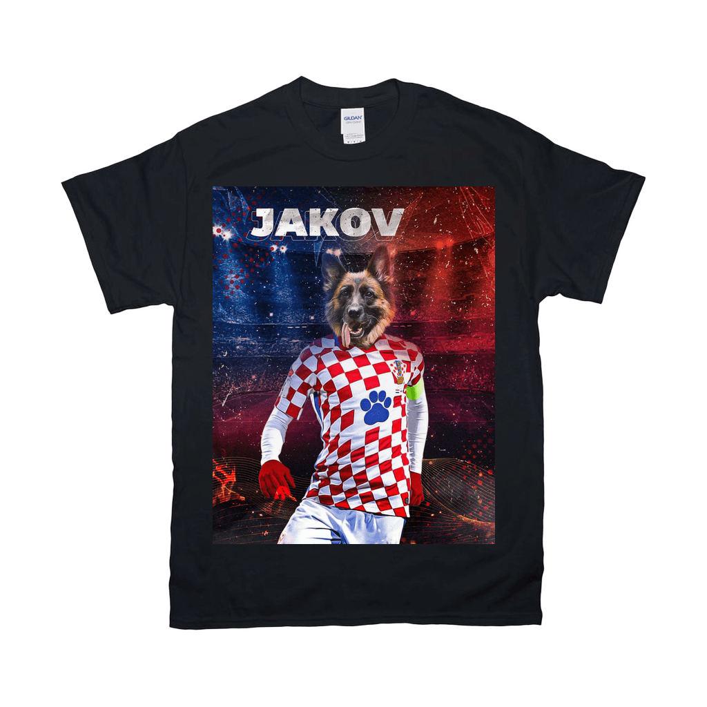 Black Gildan unisex t-shirt featuring a personalized graphic of a dog in a red and white checkered Croatia soccer jersey.
