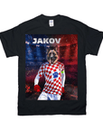 Black Gildan unisex t-shirt featuring a personalized graphic of a dog in a red and white checkered Croatia soccer jersey.