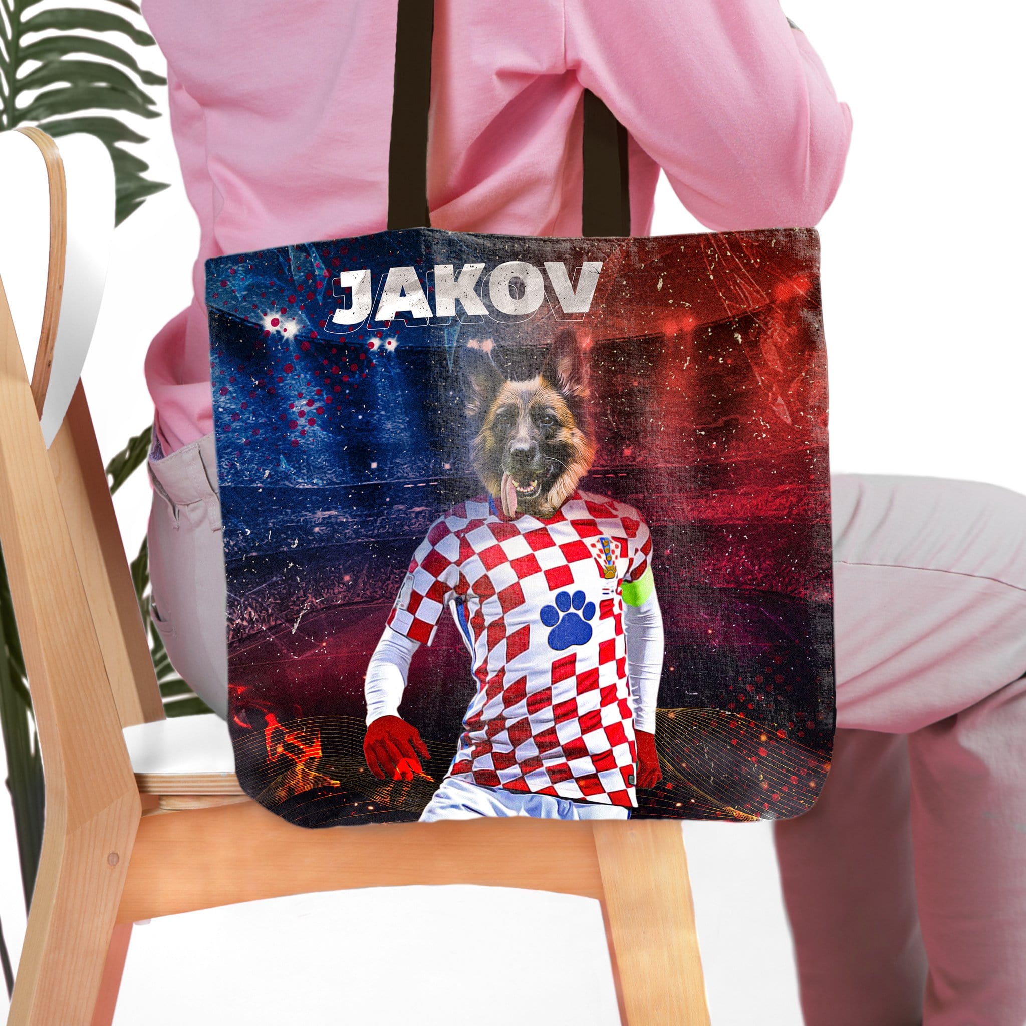 Personalized tote bag with a custom dog portrait in a Croatia soccer uniform, name "JAKOV" above.