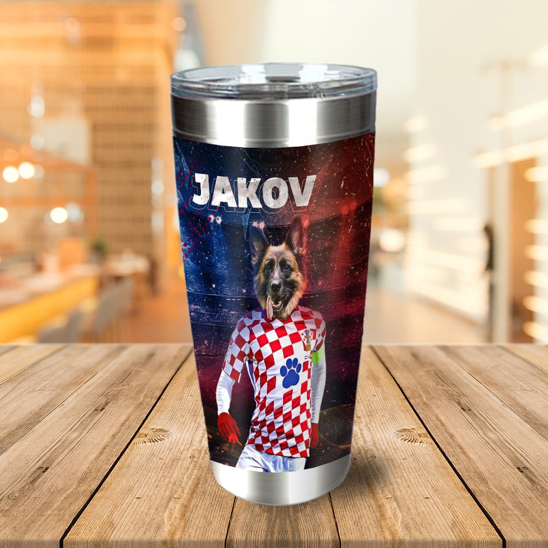 Personalized stainless steel tumbler with a German Shepherd in a Croatian soccer jersey and the name "JAKOV".