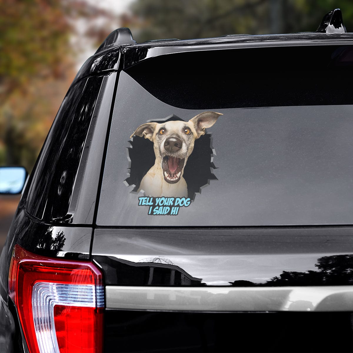 Custom pet decal on a car window, featuring a cartoon dog portrait with "Tell Your Dog I Said Hi".