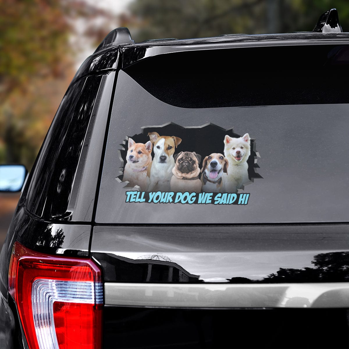 Custom pet decals featuring five dogs in a cracked window design on a black SUV.