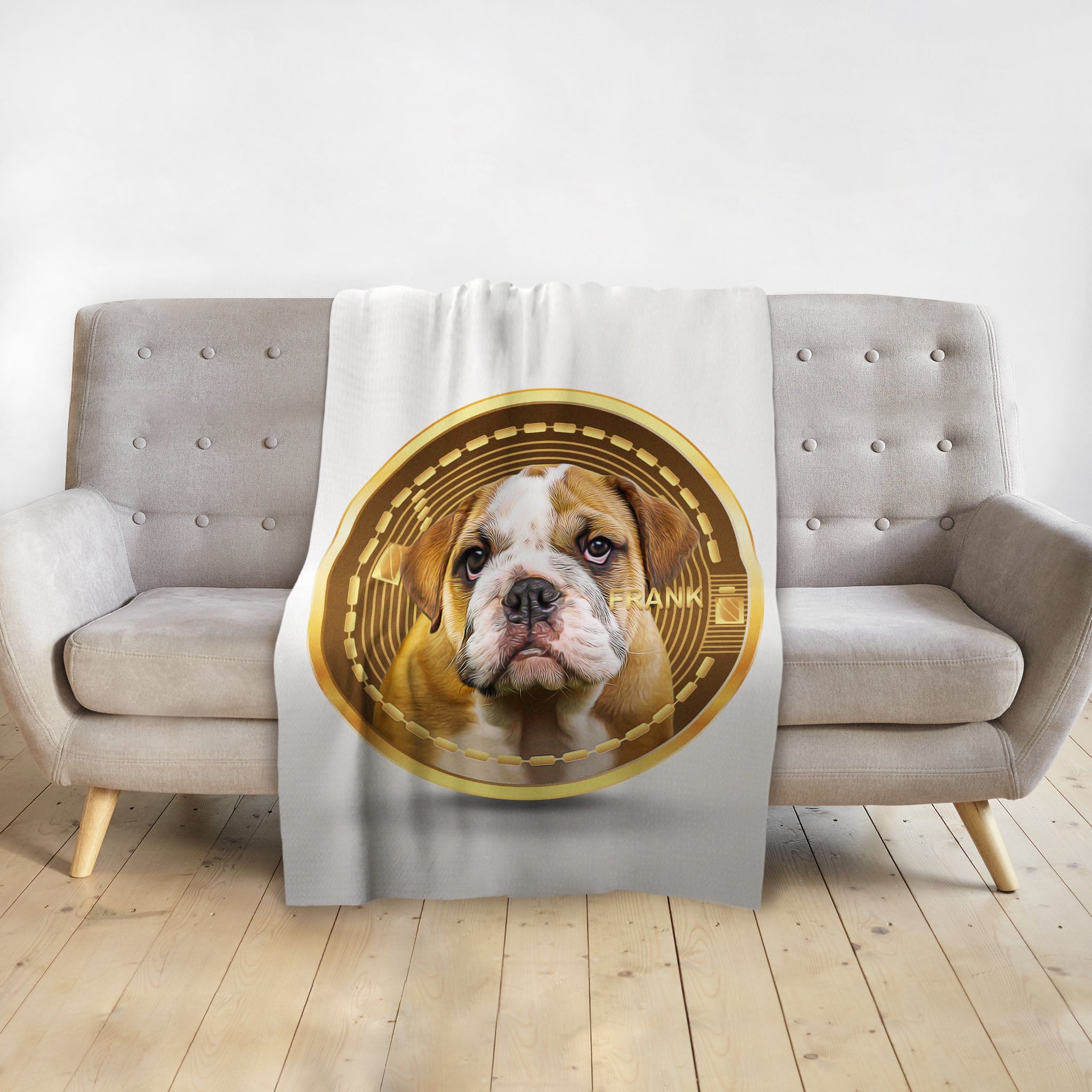 Personalized white minky blanket with a custom crypto-style portrait of a bulldog puppy named Frank.