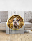 Personalized white minky blanket with a custom crypto-style portrait of a bulldog puppy named Frank.