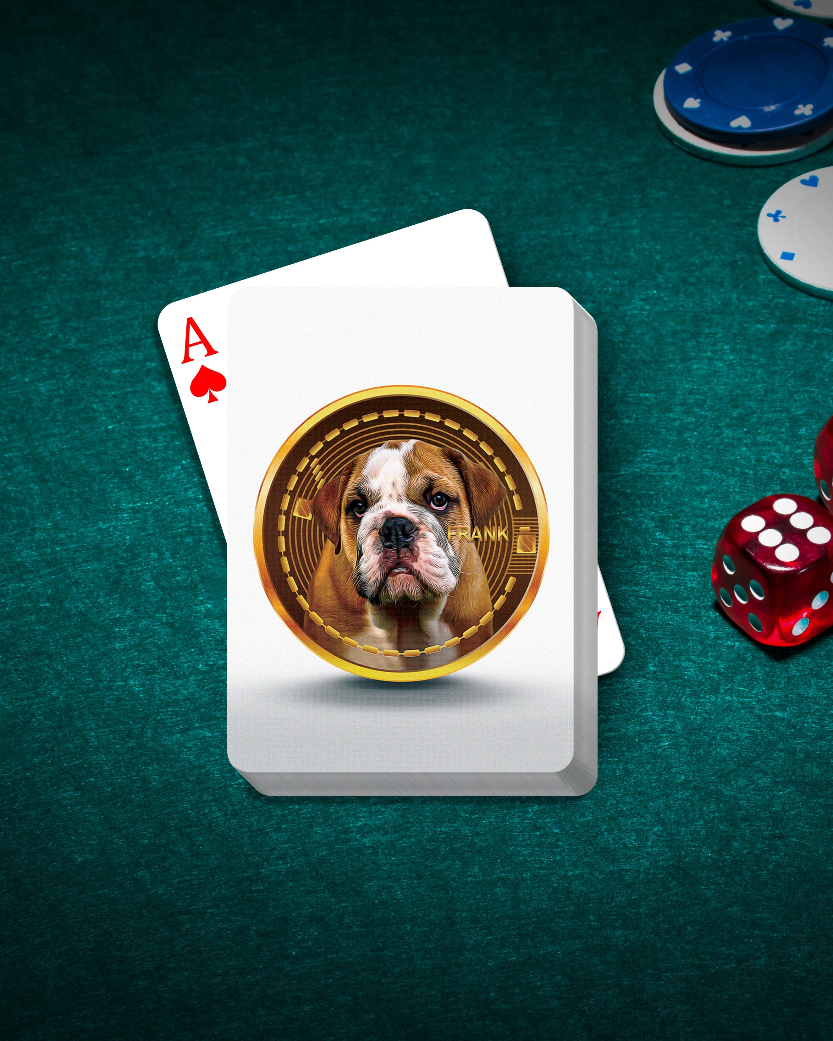 Custom Crypto personalized playing cards featuring a bulldog pet portrait on a gold coin design.