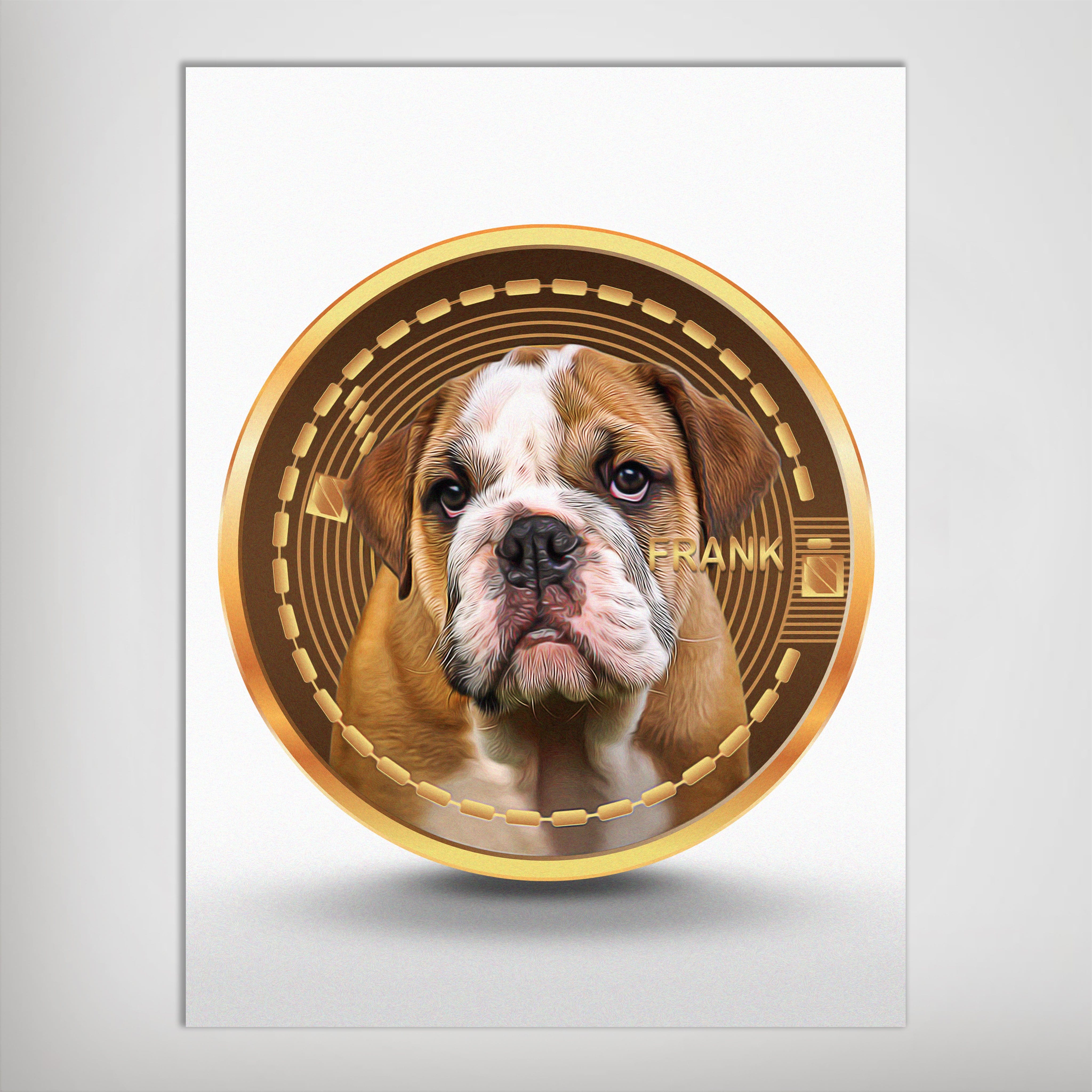 Personalized matte poster featuring a bulldog puppy named Frank in a gold crypto coin design.