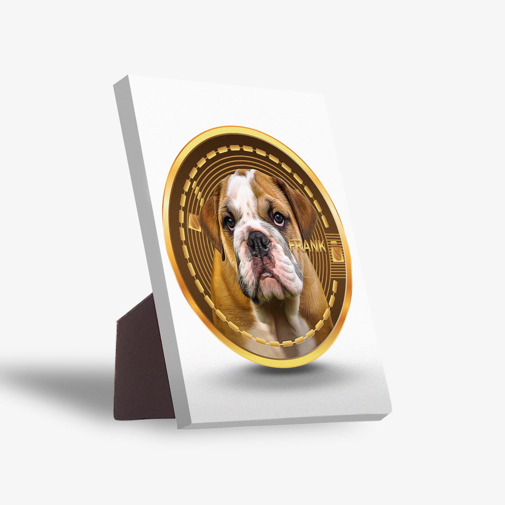 Personalized pet standing canvas featuring a bulldog in a gold crypto coin design.