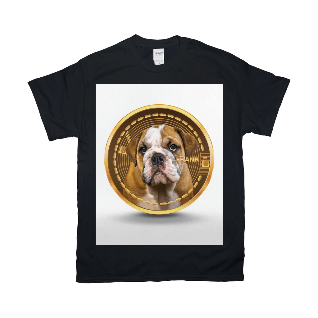 Black Gildan t-shirt featuring a custom crypto coin design with a bulldog puppy's face.