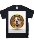 Black Gildan t-shirt featuring a custom crypto coin design with a bulldog puppy's face.