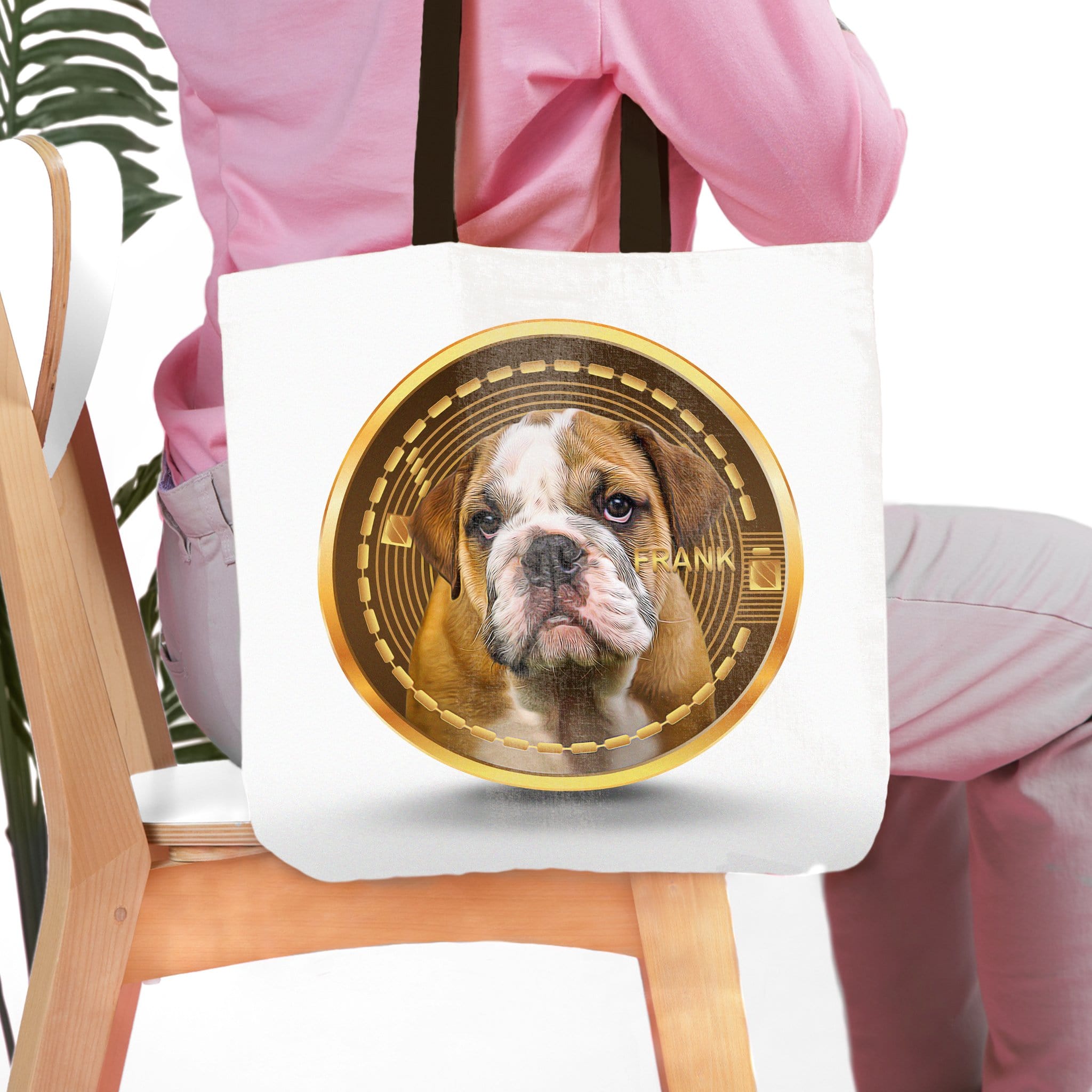 Custom white tote bag with a personalized crypto-style portrait of a bulldog puppy named Frank.
