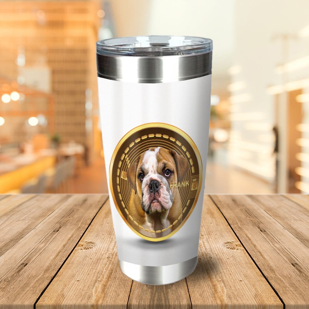 White stainless steel tumbler with a custom crypto-style portrait of a bulldog named Frank.