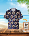 Custom Hawaiian shirt with multiple pug dog portraits and neon laser lines on a dark blue background.