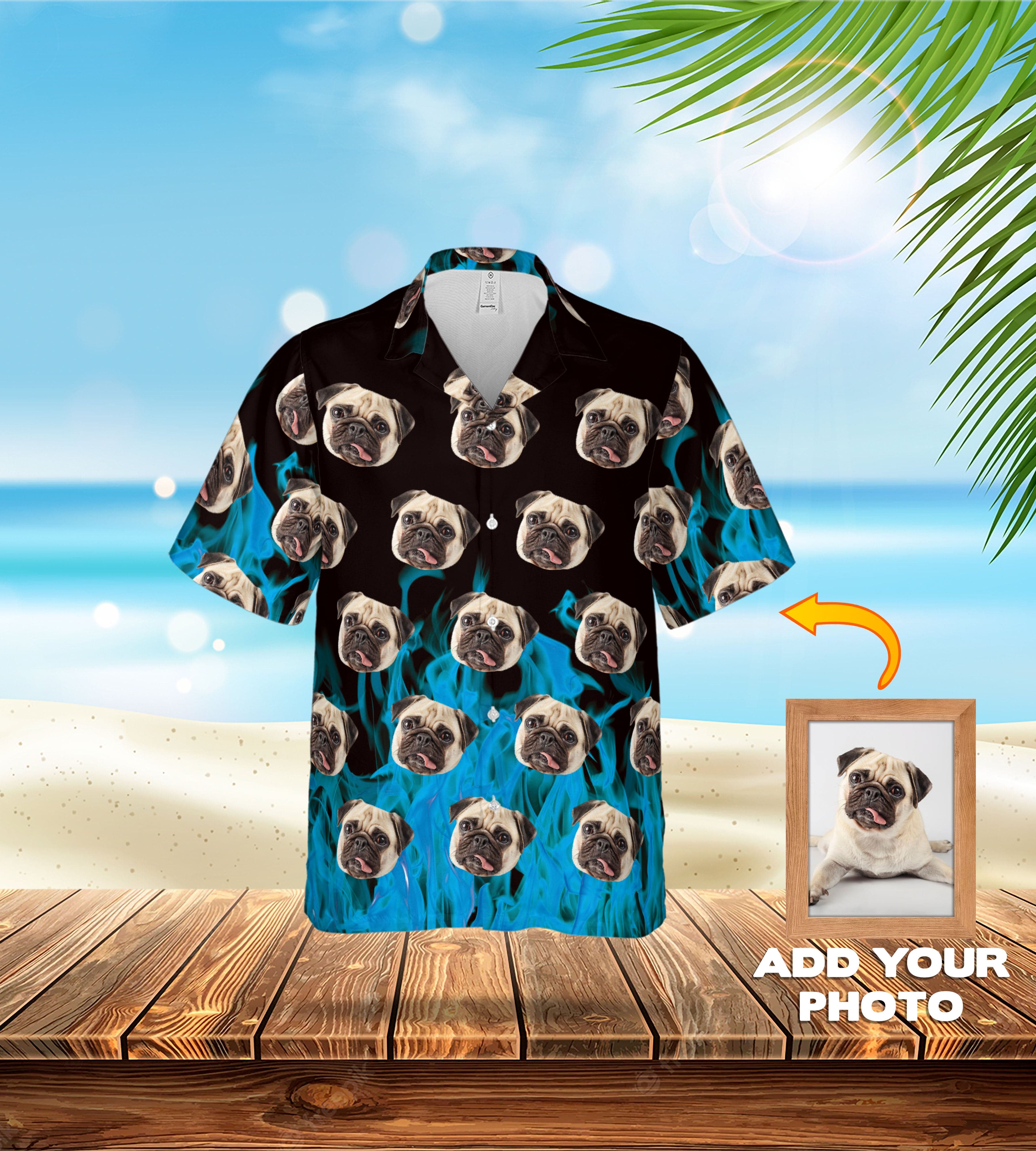 Custom Hawaiian shirt with multiple pug portraits and blue flames on a black background.