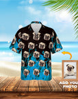 Custom Hawaiian shirt with multiple pug portraits and blue flames on a black background.