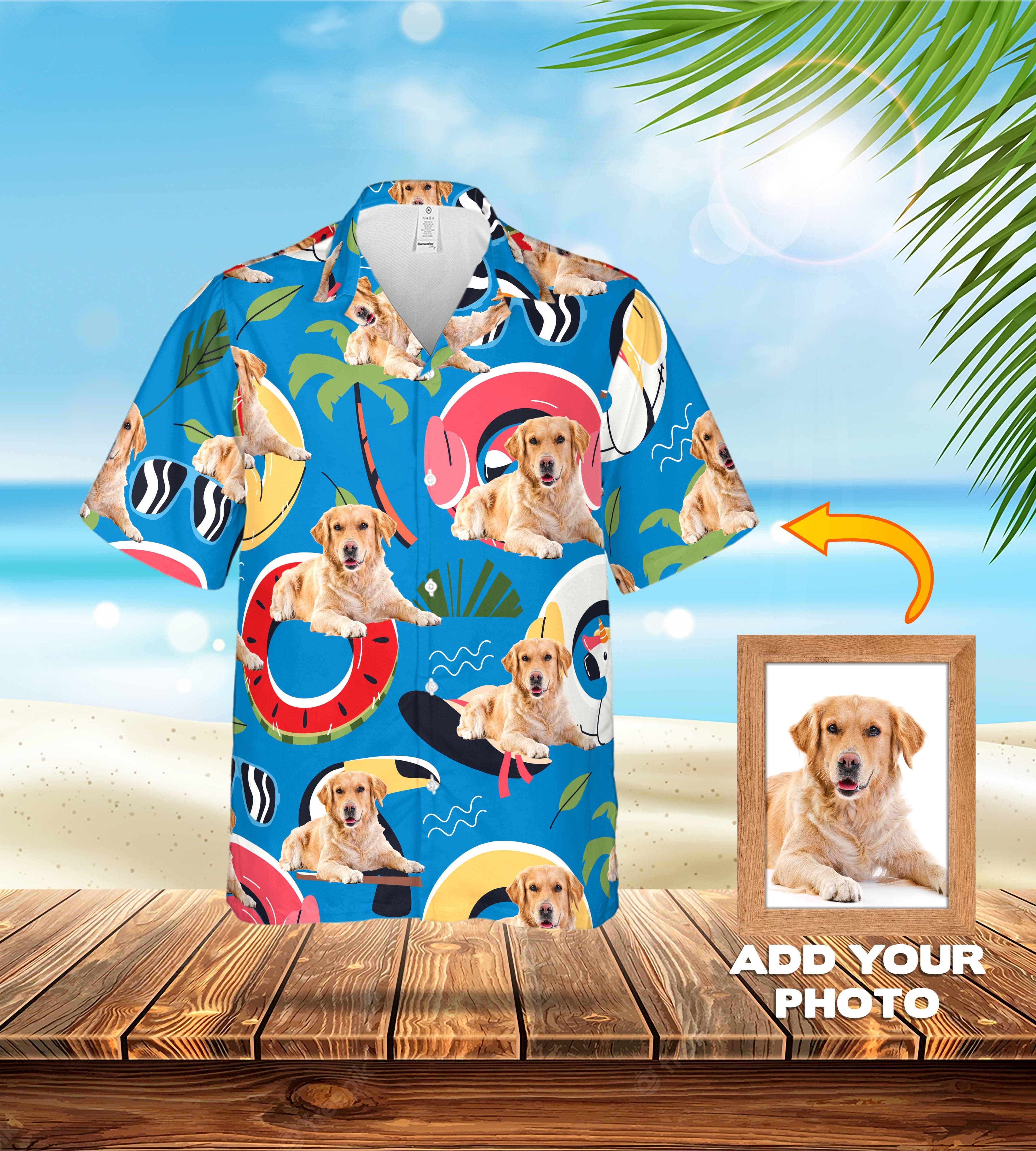 Custom Gala Blue Hawaiian shirt with personalized Golden Retriever pet portraits and beach graphics.