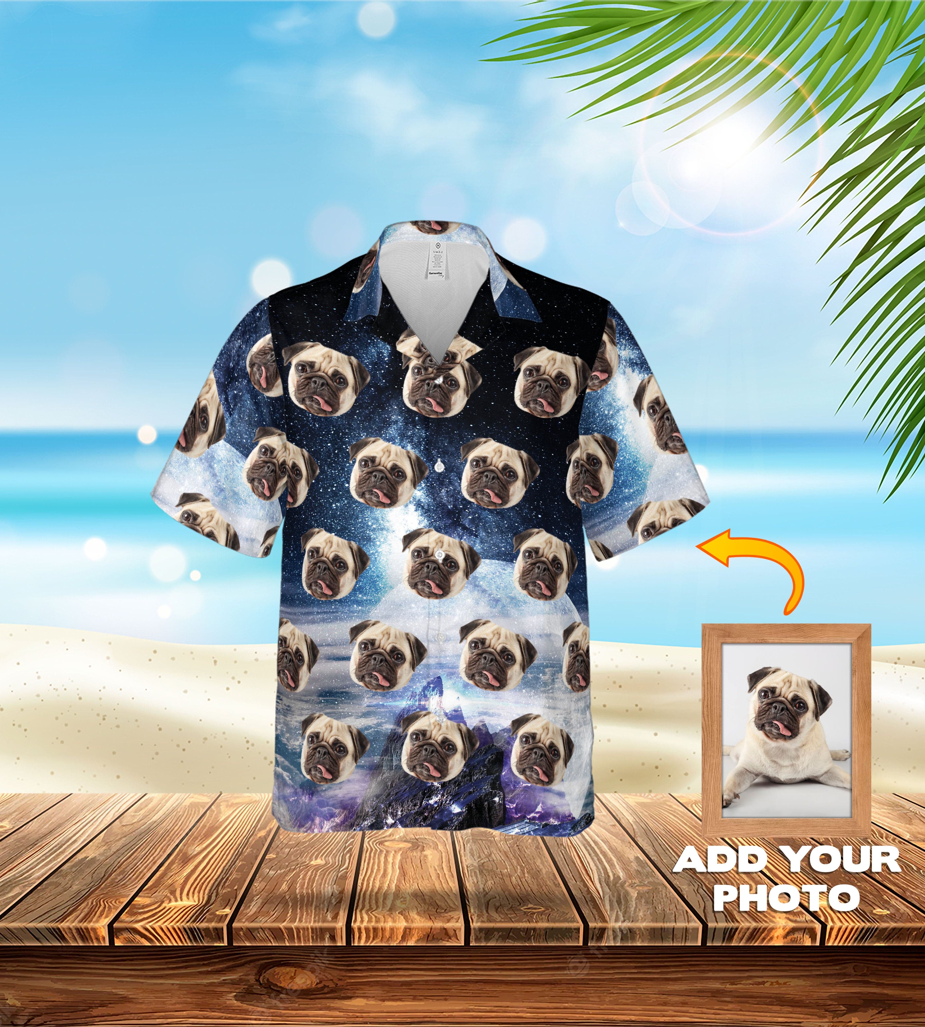 Custom Hawaiian shirt with multiple pug pet portraits on a galaxy background.