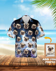 Custom Hawaiian shirt with multiple pug pet portraits on a galaxy background.