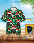 Custom green Christmas Hawaiian shirt with pug pet portraits wearing Santa hats.