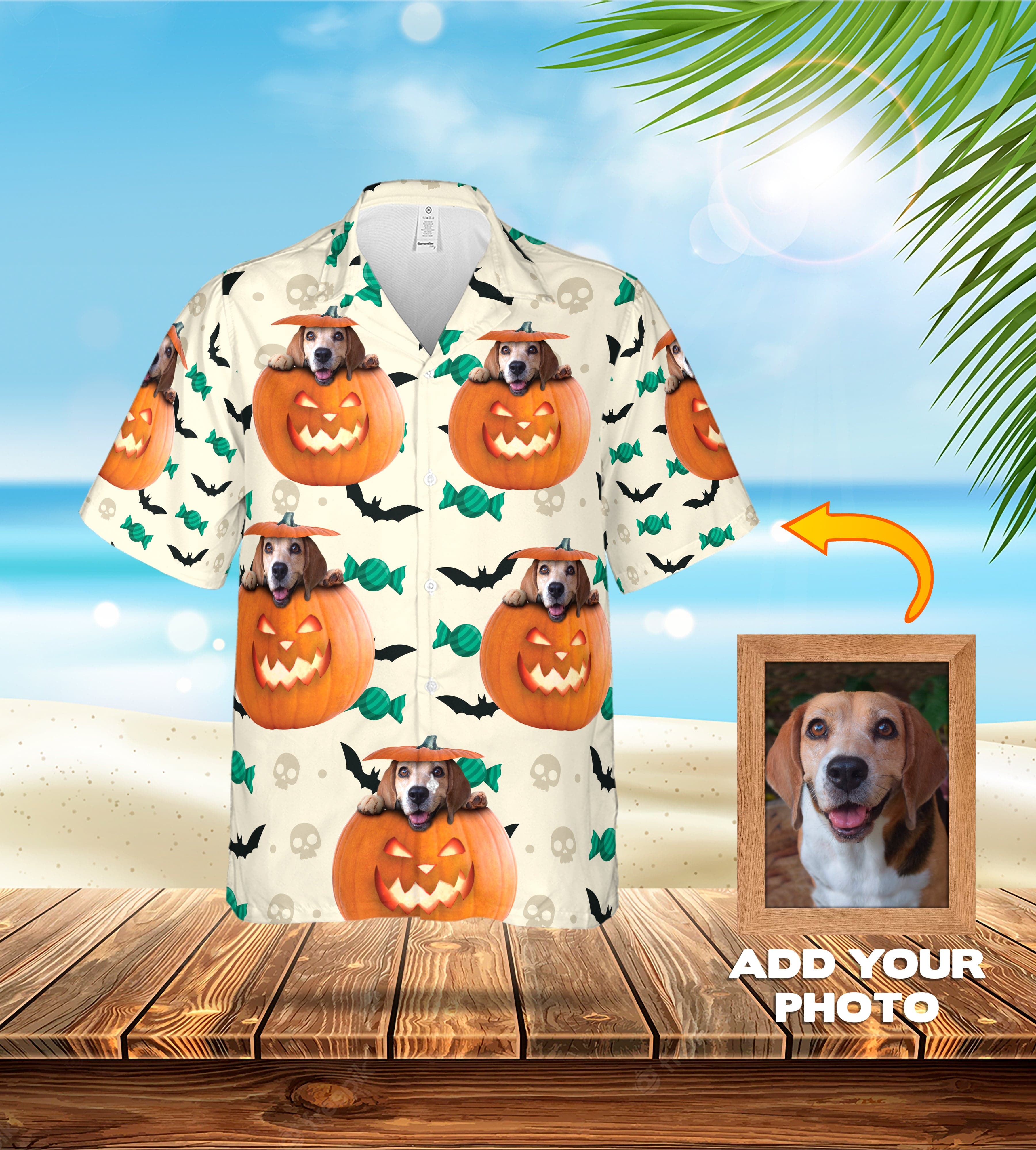 Custom Hawaiian shirt with a beagle in a Halloween pumpkin design, bats, and skulls.
