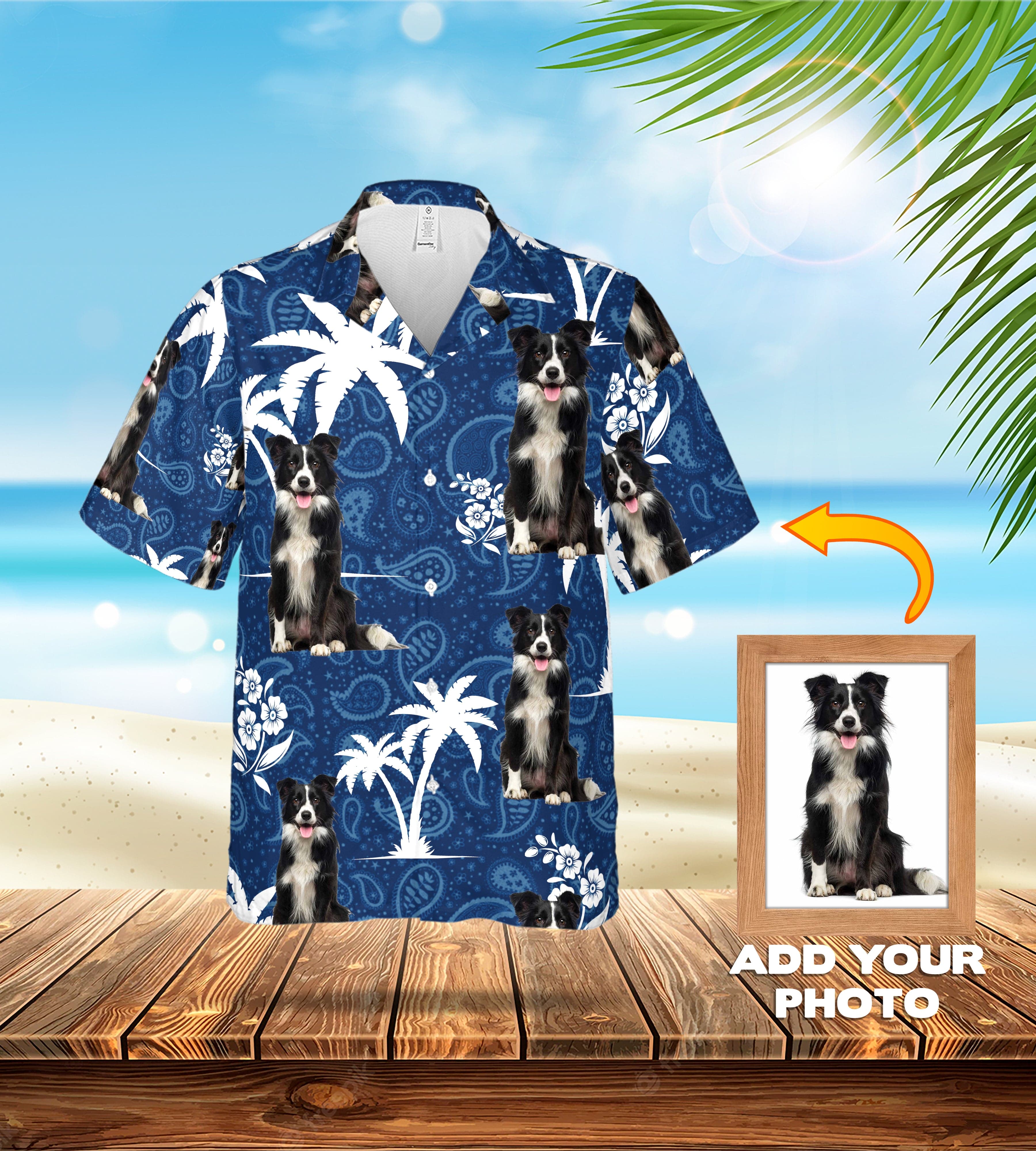Custom blue Hawaiian shirt with white palm trees and multiple Border Collie pet portraits.