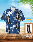 Custom blue Hawaiian shirt with white palm trees and multiple Border Collie pet portraits.