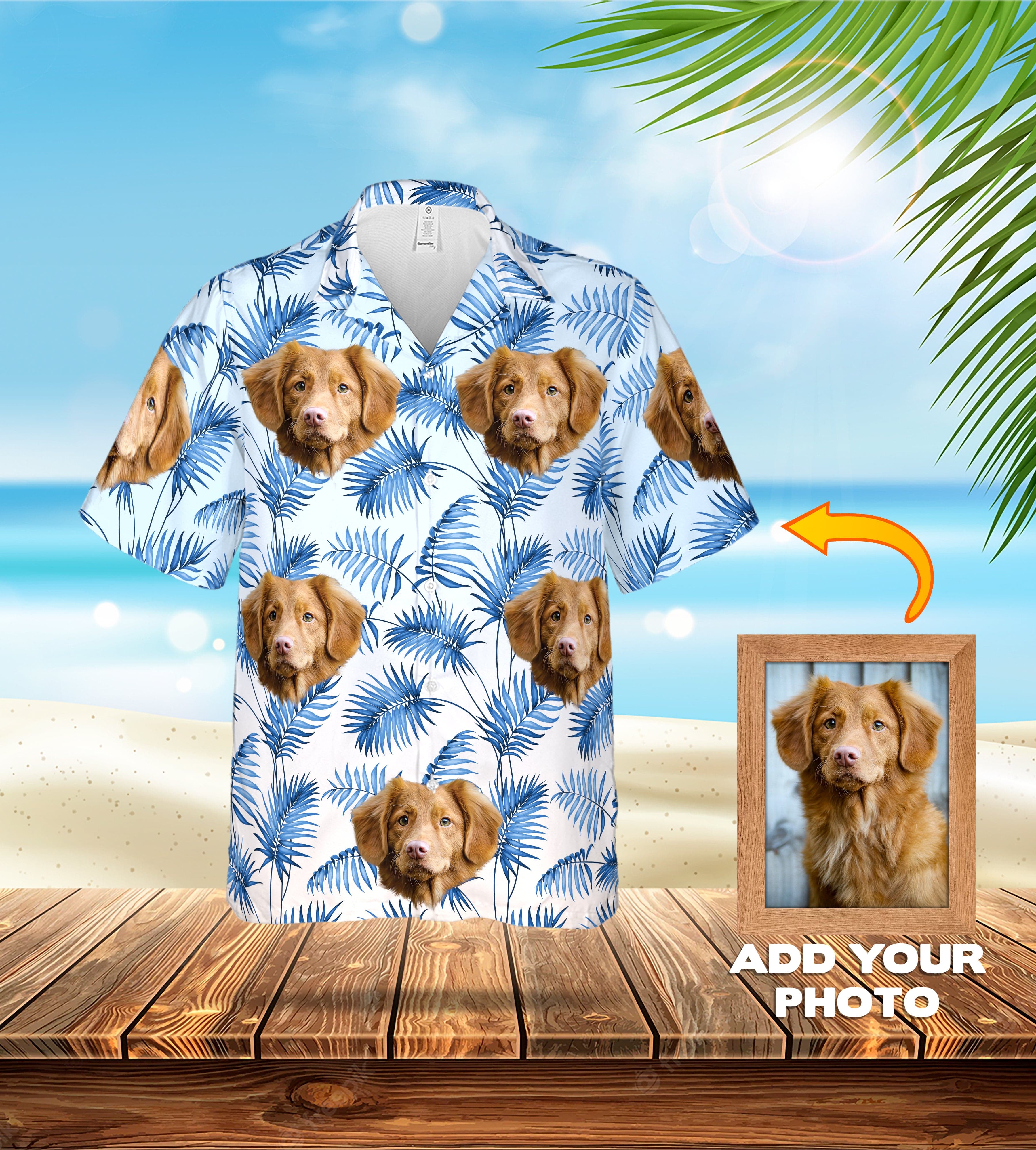 Custom Hawaiian shirt with multiple Nova Scotia Duck Tolling Retriever pet portraits and blue palm leaves on white fabric.