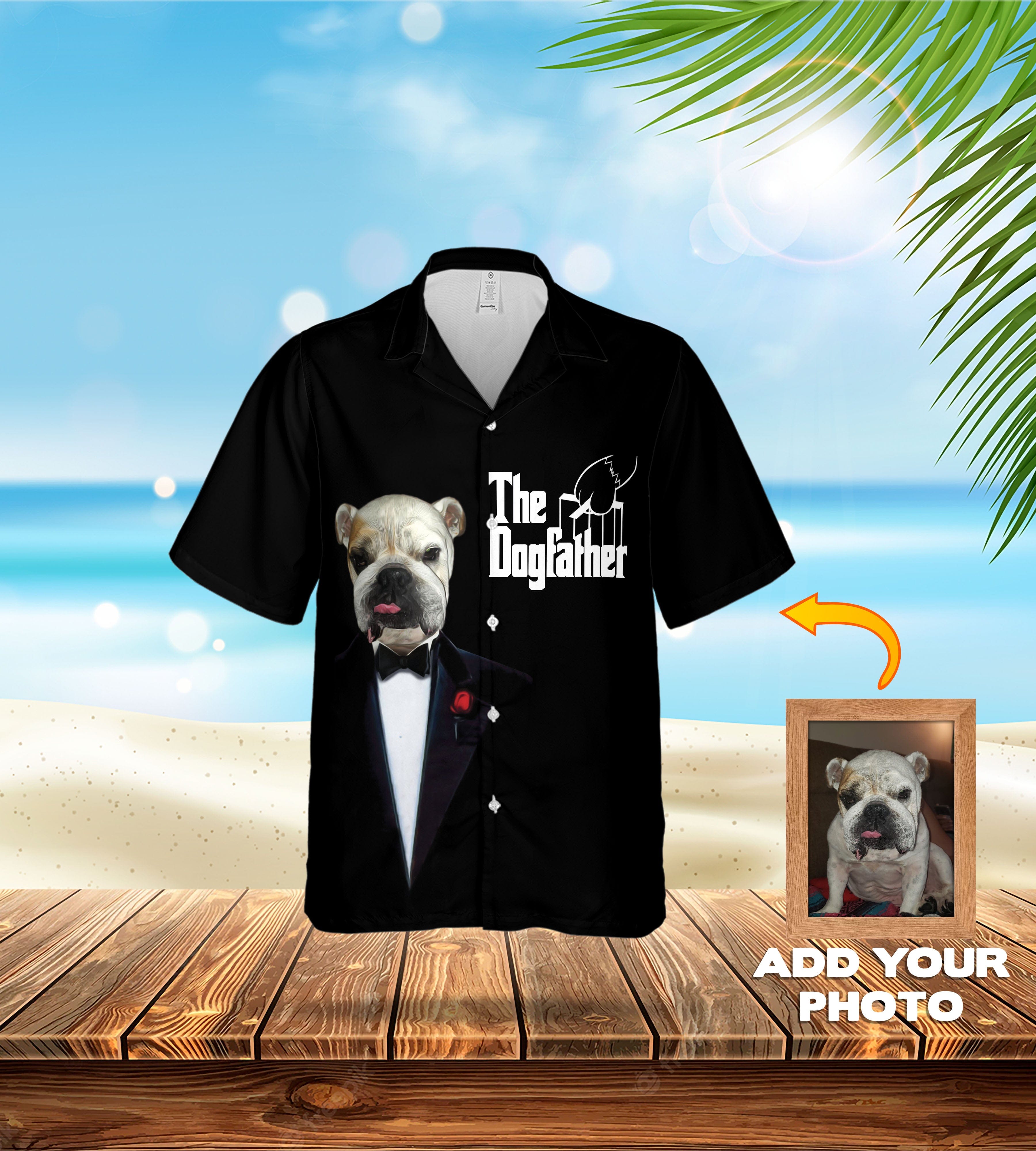 Custom black Hawaiian shirt with a bulldog in a tuxedo, "The Dogfather" text, and a photo upload option.