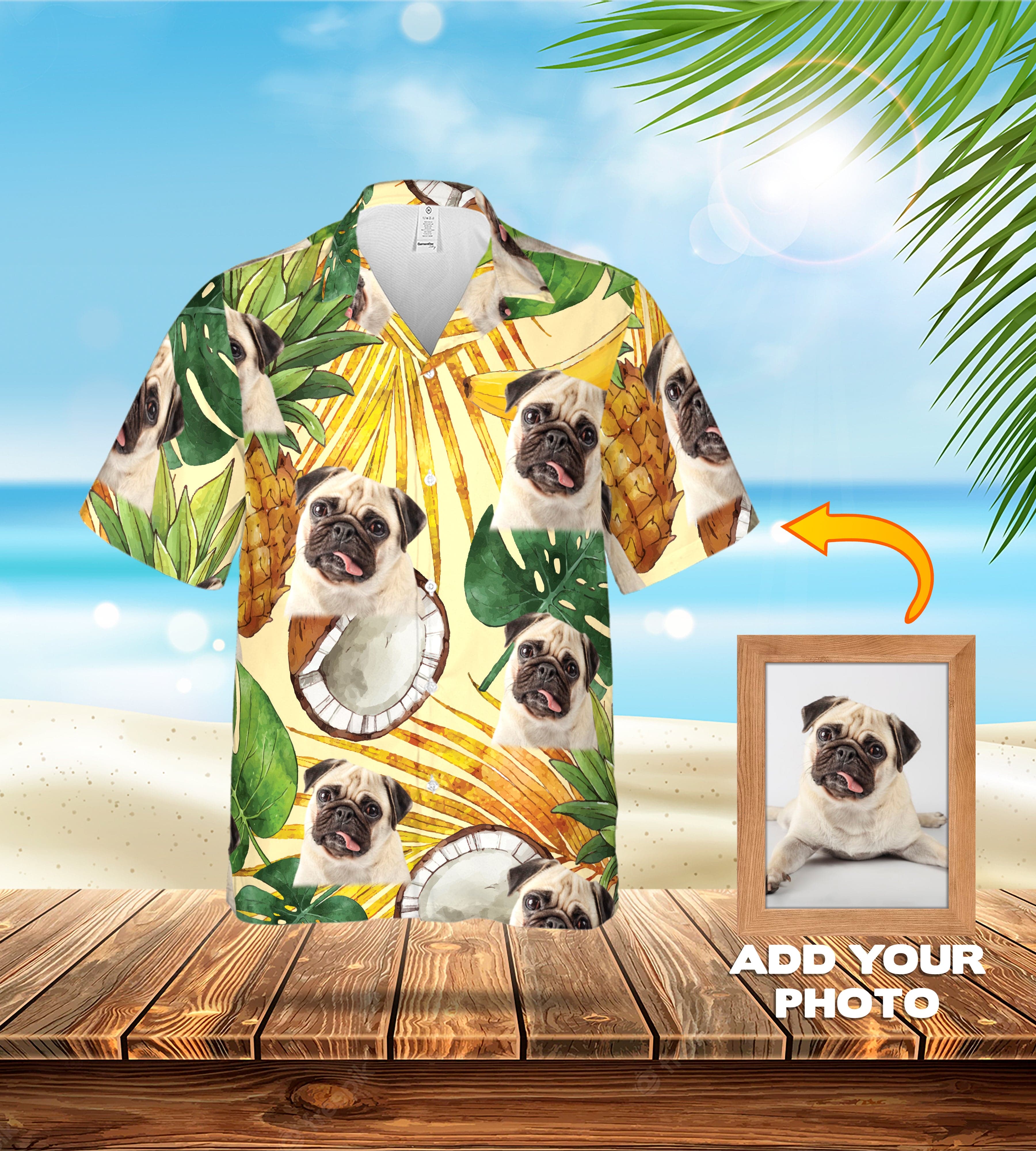 Custom tropical yellow Hawaiian shirt with personalized pug portraits, pineapples, and palm leaves.