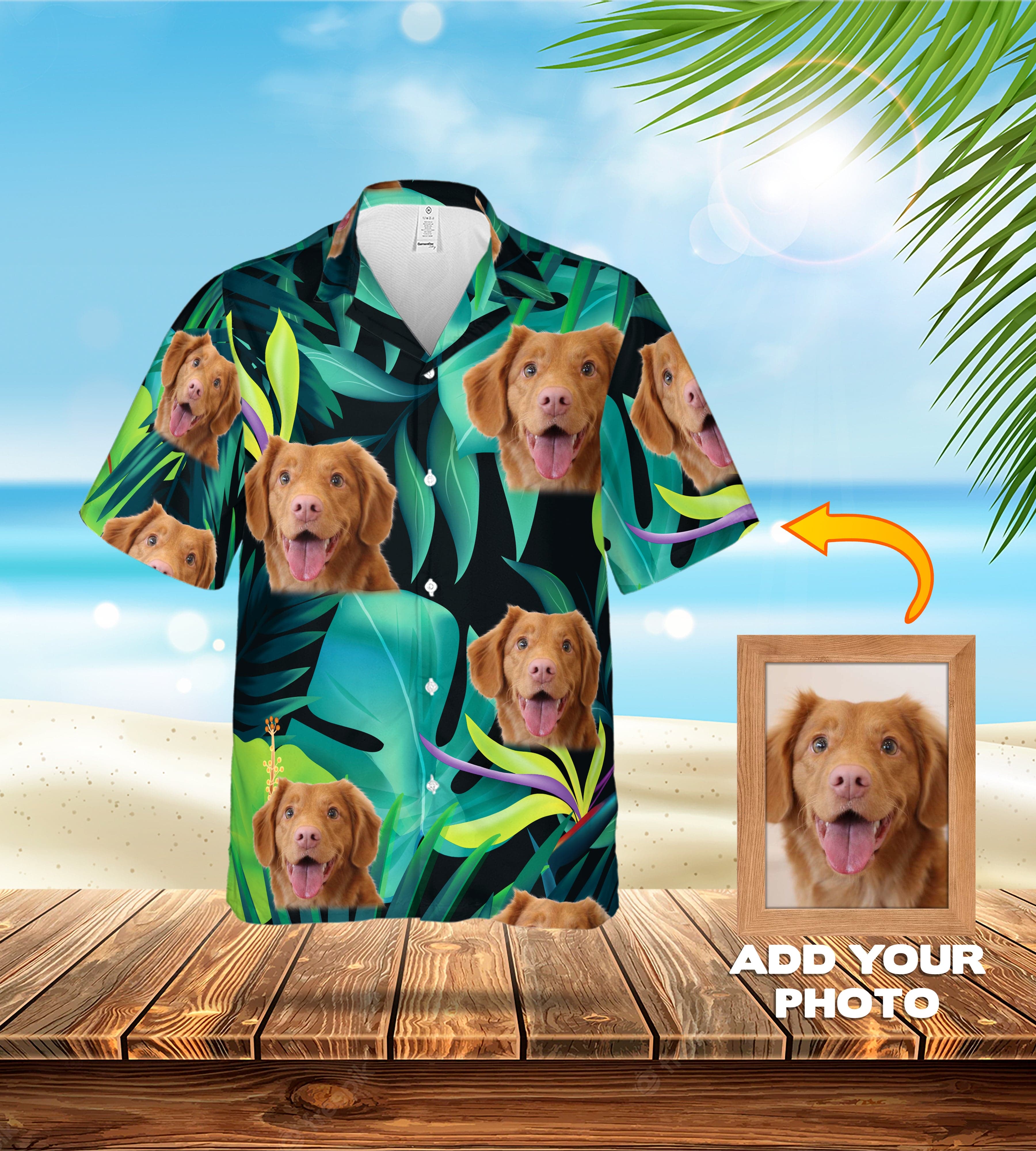 Custom Hawaiian shirt with a verdant green tropical leaf pattern and multiple portraits of a happy brown dog.