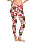 Red custom leggings with white hibiscus flowers and multiple boxer dog faces.