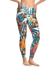 Custom white leggings with a floral blue leaf pattern and multiple bulldog faces.