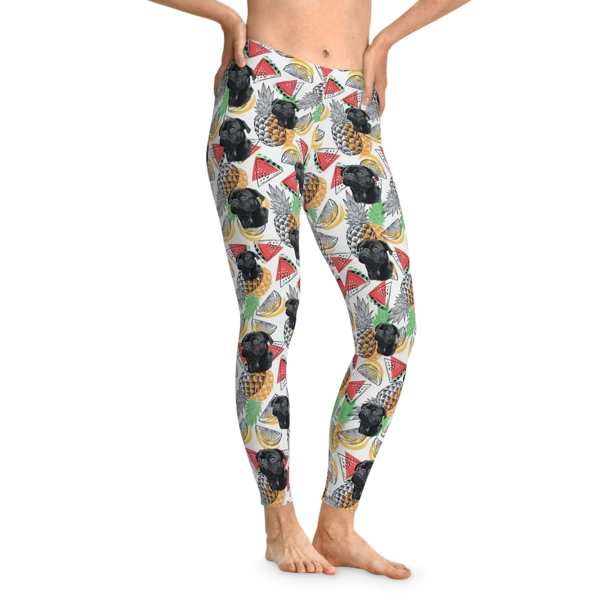 White custom leggings with black pug faces, pineapples, and watermelon slices, mid-waist, ankle-length.