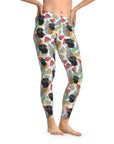 White custom leggings with black pug faces, pineapples, and watermelon slices, mid-waist, ankle-length.