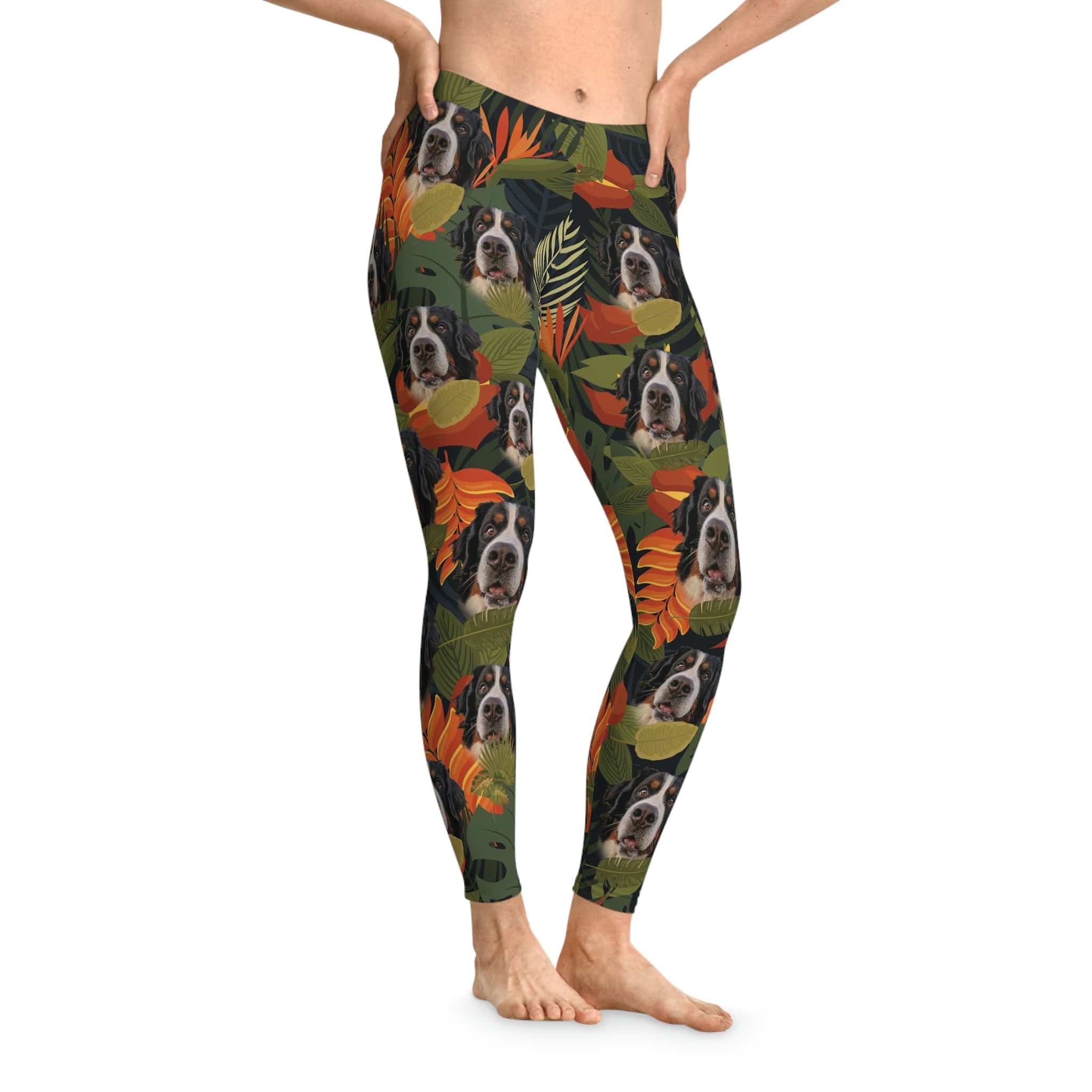 Custom Lush Moss leggings featuring Bernese Mountain Dog faces and tropical leaves.