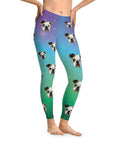 Custom Northern Lights leggings with multiple bulldog faces, mid-waist, ankle-length, vibrant purple to green gradient.