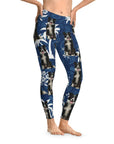 Custom Palm Blue leggings with multiple Border Collie dog faces and white palm tree designs.
