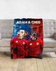 Personalized pet blanket with two dogs in red soccer jerseys, a Dalmatian and a black Labrador, on a red and blue background.