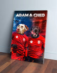 Personalized 'Czech Doggos' canvas featuring two pets in red soccer jerseys with custom names.