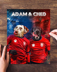 Personalized 2 pet puzzle featuring a Dalmatian and black lab in red soccer jerseys, "Adam & Ched" text.