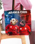 Personalized 'Czech Doggos' tote bag featuring custom pet portraits of a Dalmatian and a black lab in red jerseys.